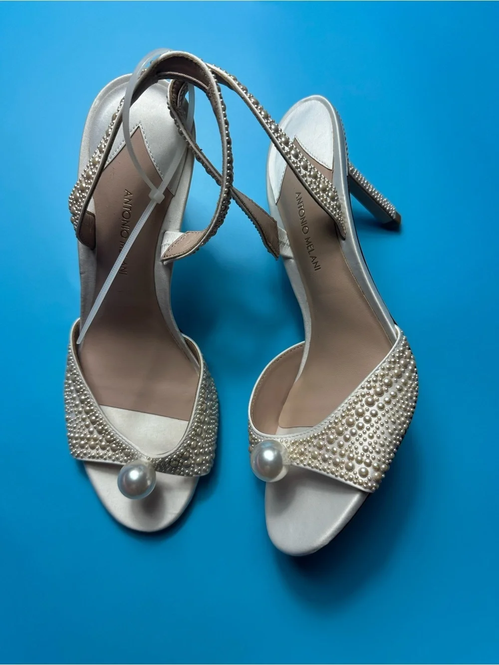 ANTONIO MELANI Pearl-Embellished Ivory Satin Heels